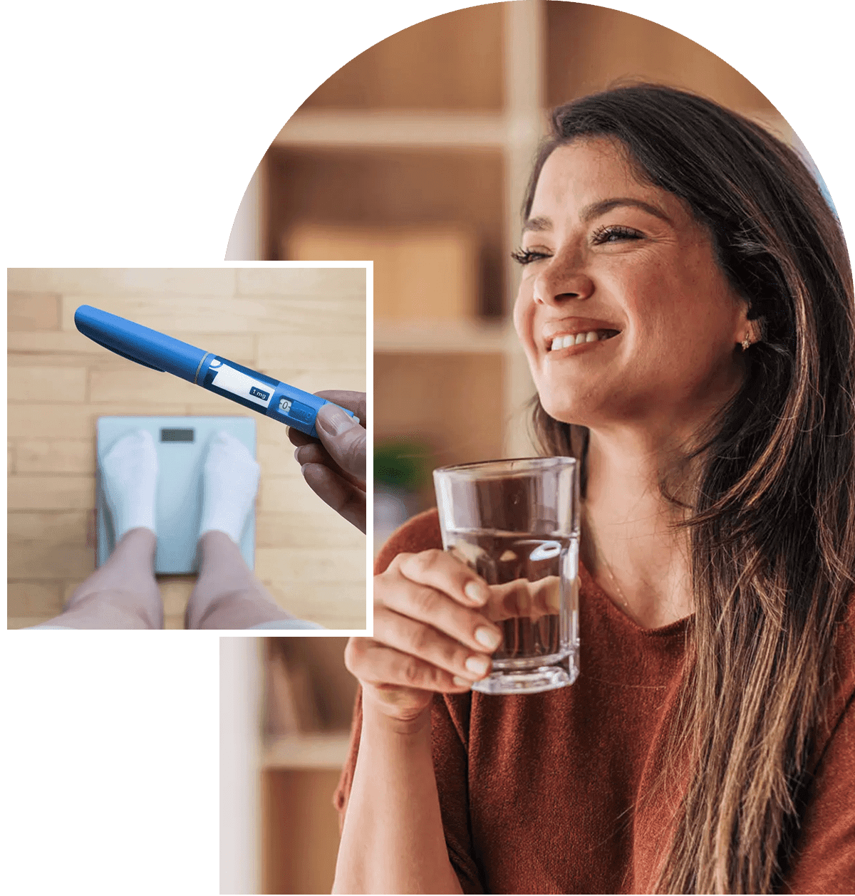 Woman happily drinking water, holding a glass with a water purifier in hand.