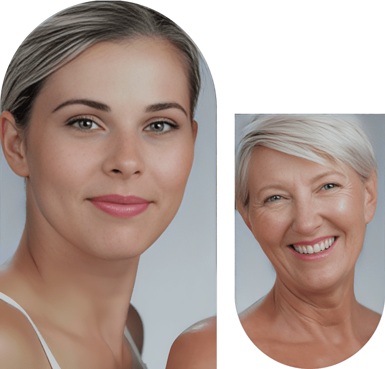 Portraits of two smiling women with natural looks and light backgrounds.