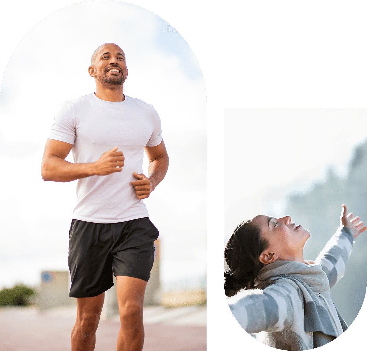 A man jogging outdoors and a woman enjoying fresh air.